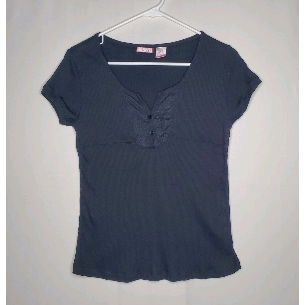 Deb‎ Vtg Ribbed Lace Babydoll Top Women Large Black Button 90s Y2K Grunge Fairy